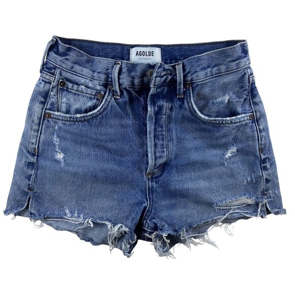 Agolde Vintage-Style Denim Distressed High-Rise Button-Fly Cutoff Shorts Size 24